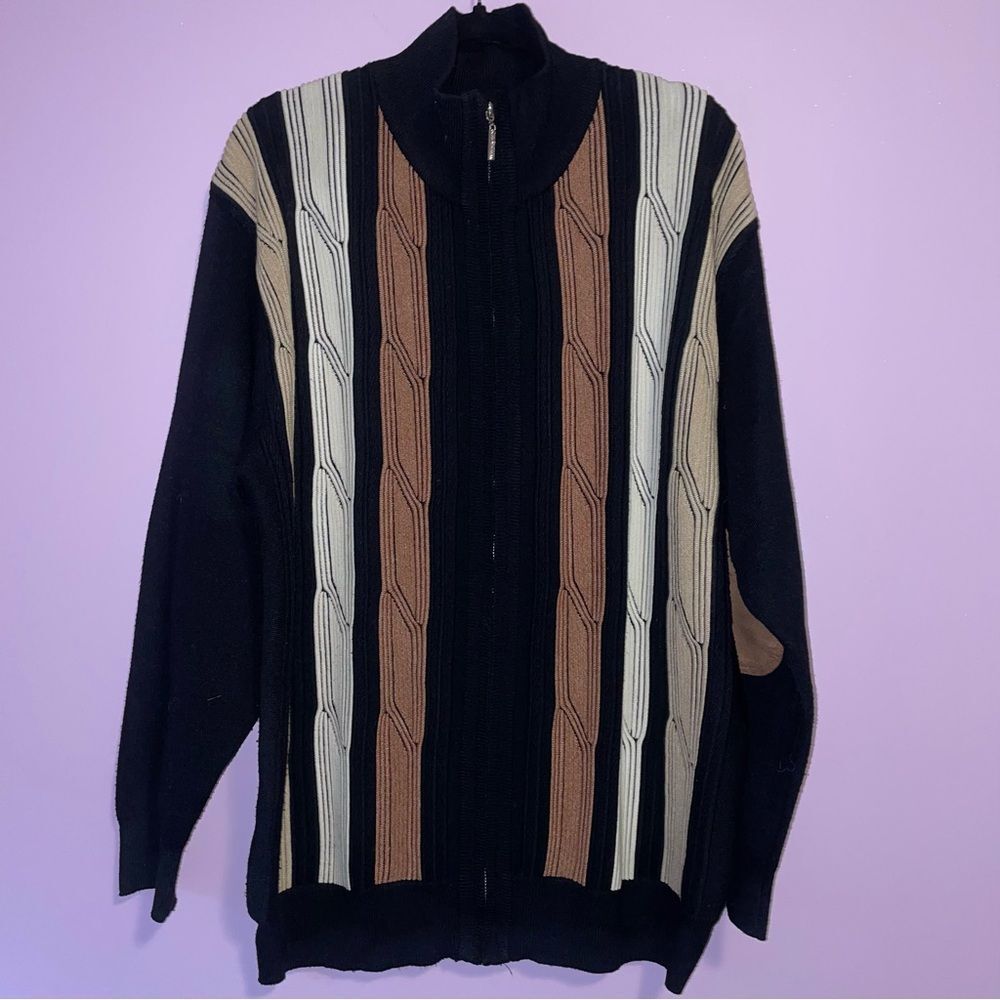 Vintage L SilverSilk Linen Silk Blend Knit Black and Brown Zip Up Sweater
